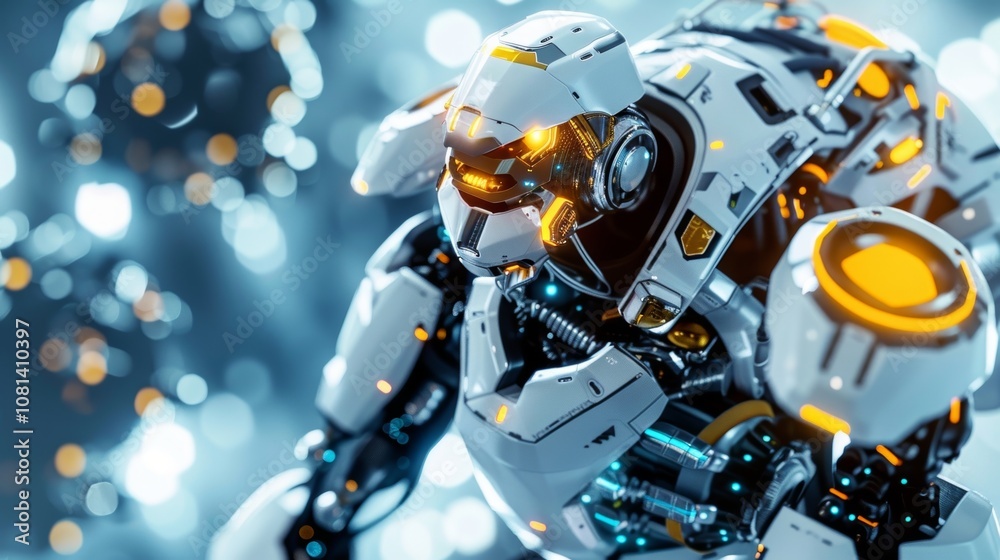 Advanced humanoid robot with glowing details and intricate mechanics stands out against a soft focused backdrop, showcasing the potential of future technology Advanced humanoid robot with glowing details and intricate mechanics stands out against a soft focused backdrop, showcasing the potential of future technology