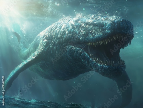 A large, monstrous whale with sharp teeth and a gaping maw swims in the ocean. Sunlight shines down from above. photo