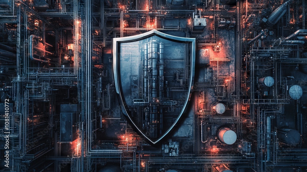 A shield overlaying an industrial facility symbolizes the protection of critical infrastructure in ukraine against threats. A shield overlaying an industrial facility symbolizes the protection of critical infrastructure in ukraine against threats.