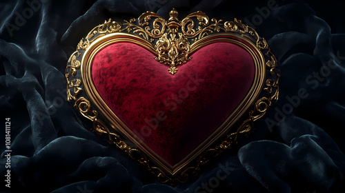 An ornate, gold-trimmed, crimson-red heart-shaped throne, adorned with intricate filigree, sitting upon a rich, velvet-draped, black background. Regal. Illustration photo