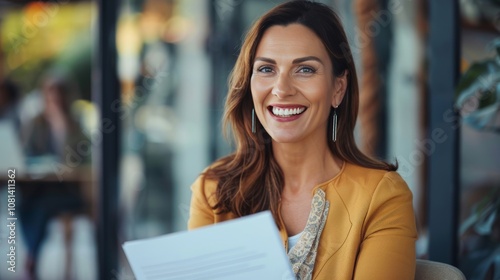 Fototapeta Naklejka Na Ścianę i Meble -  Smiling mature business woman hr holding cv document at job interview. Happy mid aged professional banking manager or lawyer consulting client sitting at workplace in corporate office meeting.