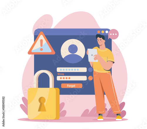 Man with incorrect password. Young guy forgot his login or password. Account and profile on internet. Safety and security. Flat vector illustration isolated on white background