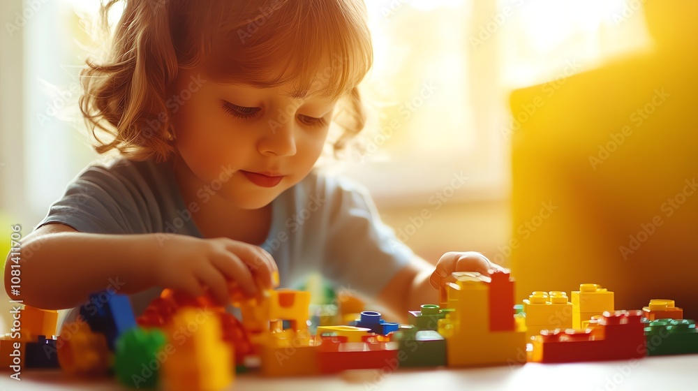 A young child is playing with colorful building blocks. A young child is playing with colorful building blocks.