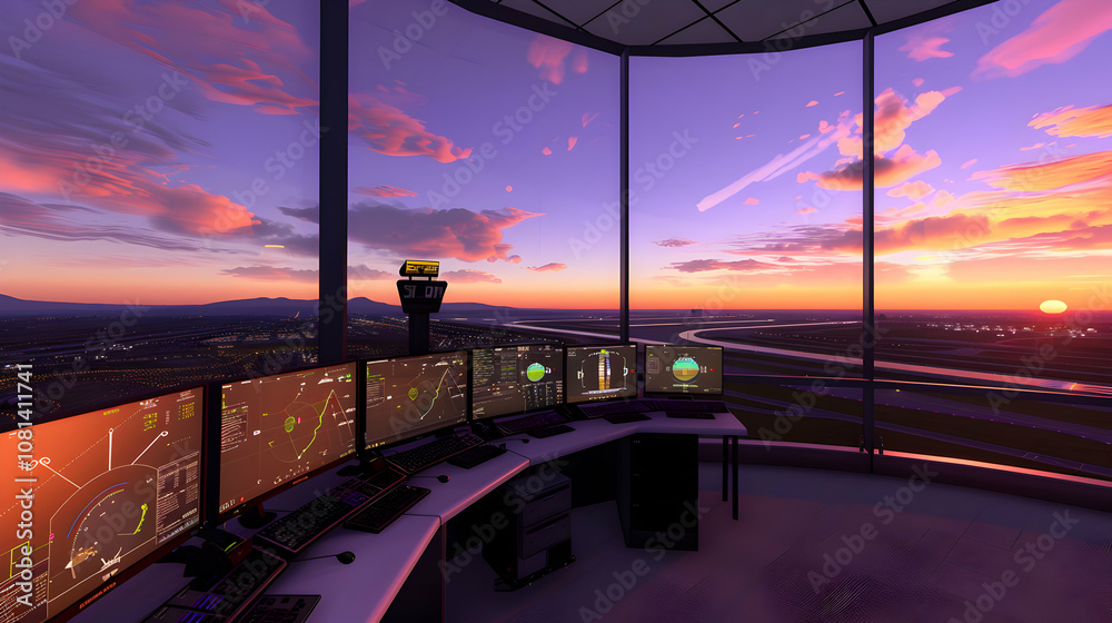 Fototapeta premium A modern air traffic control tower at sunset, showcasing technology and scenic views.