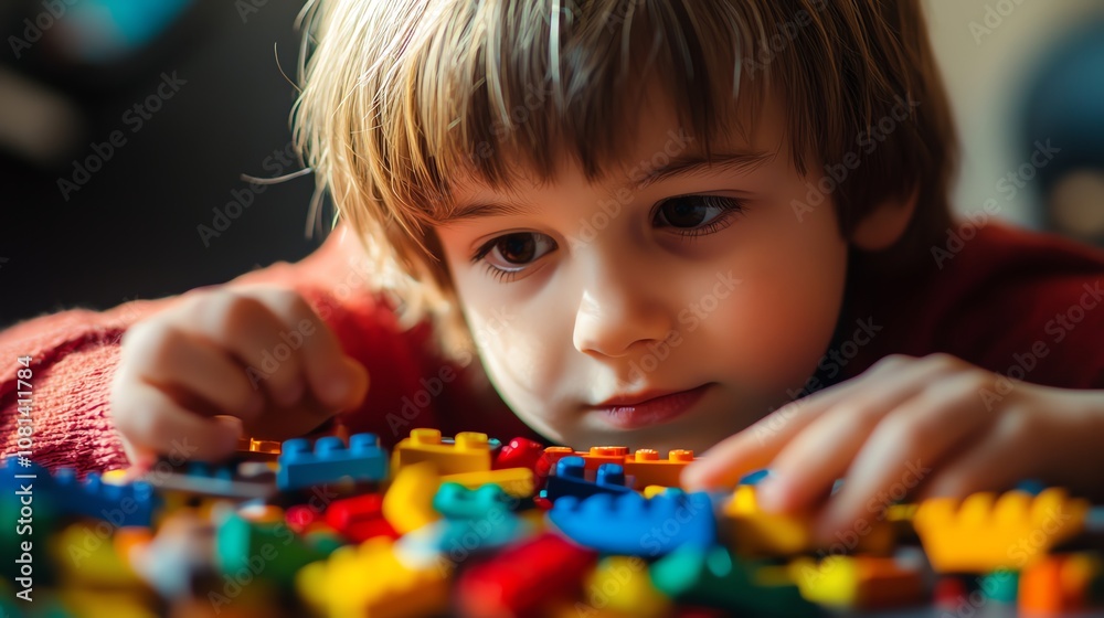 A young boy is playing with colorful building blocks. A young boy is playing with colorful building blocks.