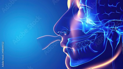 Sinusitis Condition Displaying Inflamed Nasal Sinus Cavities with Redness and Swelling, Mucus Buildup Evident, Affecting Breathing and Causing Discomfort in the Facial Area around the Nose and Eyes