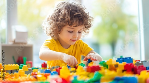 A young boy plays with colourful building blocks.