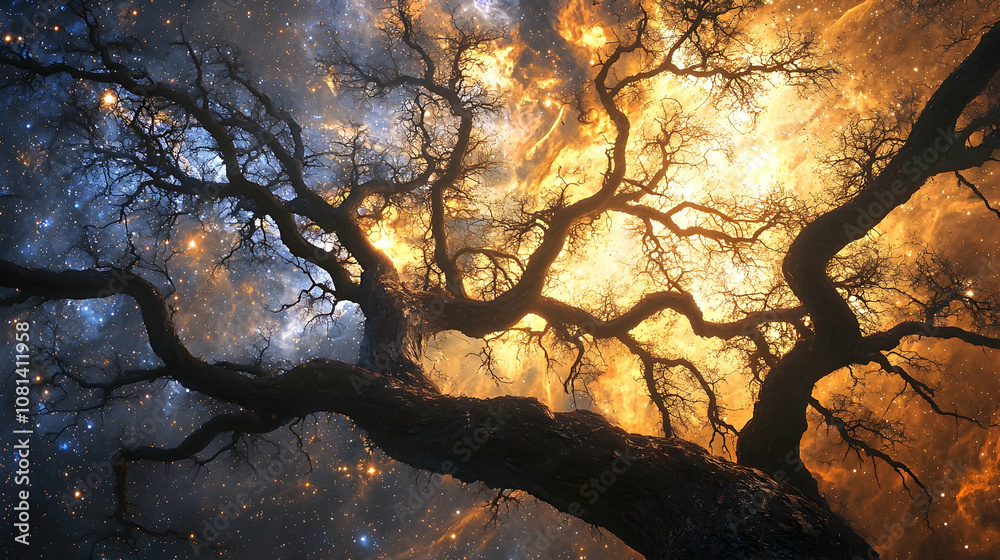 Tree Silhouette Against Cosmic Sky - Illustration Tree Silhouette Against Cosmic Sky - Illustration