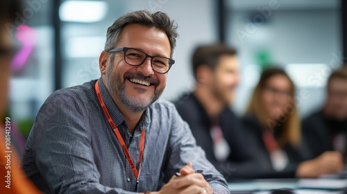 Professional Manager Smiling While Explaining Benefits in a Dynamic Office Environment with Engaged Team Members