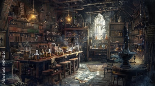 A cluttered workshop strewn with alchemical equipment from alembics and retorts to vials of dragons and powdered unicorn horn. The walls are adorned with intricate alchemical diagrams