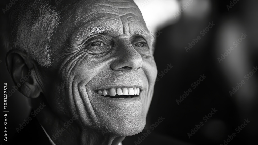Close-up of an elderly man in a suit, high contrast highlighting his bright, kind smile against deep shadows in the background Close-up of an elderly man in a suit, high contrast highlighting his bright, kind smile against deep shadows in the background