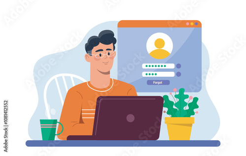 Man with login form. Young guy enter login and password. Interface at website. Safety, security and protection of personal data. Flat vector illustration isolated on white background