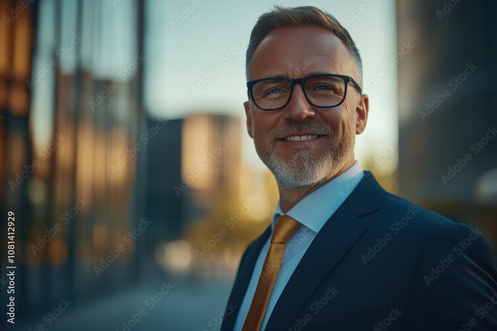 Warm and kind elderly businessman in focus, his bright smile standing out with a blurred urban landscape behind, depth of field