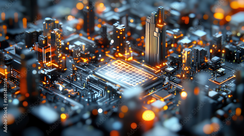 futuristic cityscape with glowing buildings and intricate circuitry, showcasing vibrant urban environment. scene is filled with bright lights and dynamic layout, evoking sense of advanced technology futuristic cityscape with glowing buildings and intricate circuitry, showcasing vibrant urban environment. scene is filled with bright lights and dynamic layout, evoking sense of advanced technology