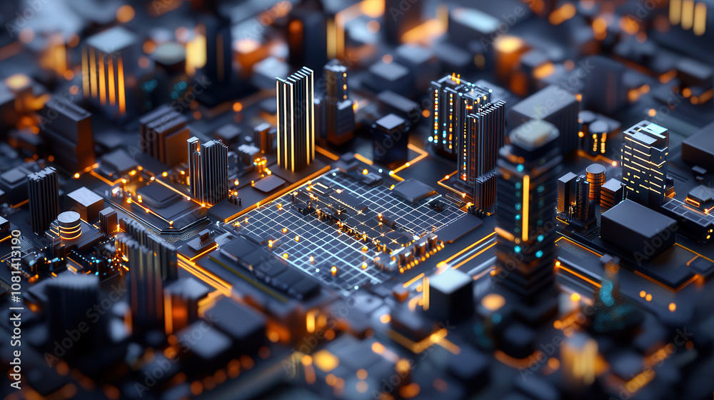 futuristic cityscape with glowing buildings and intricate circuitry, showcasing blend of technology and urban design. vibrant lights create dynamic atmosphere futuristic cityscape with glowing buildings and intricate circuitry, showcasing blend of technology and urban design. vibrant lights create dynamic atmosphere