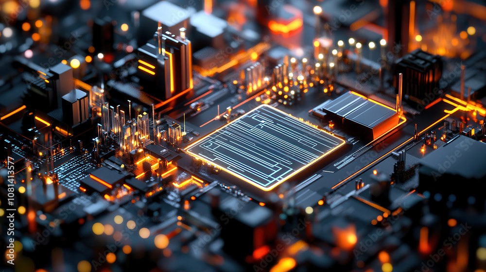 Obraz premium futuristic circuit board with glowing elements and intricate designs, showcasing technology and innovation in vibrant, digital landscape