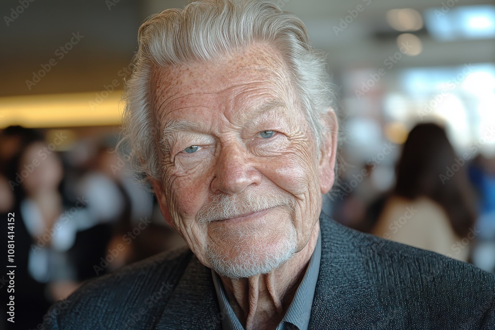 Elderly man in a suit, smiling warmly, HDR shot with vivid colors highlighting his kind face and the rich textures of his suit, vibrant office background Elderly man in a suit, smiling warmly, HDR shot with vivid colors highlighting his kind face and the rich textures of his suit, vibrant office background