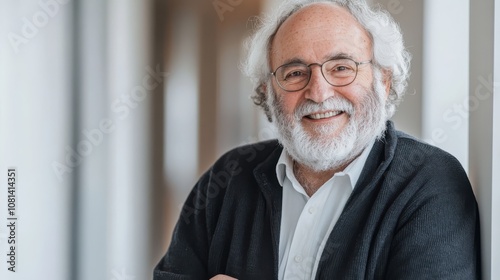 Unposed shot of a kind elderly boss, caught mid-conversation with a warm smile, standing in a modern office corridor