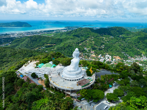 Vesak day background concept of Big buddha over high mountain in Phuket thailand Aerial view drone shot