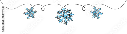 Snowflake Border Continuous Single Line Drawing, Snowflake Border Single Line Drawing with Copy Space, Merry Christmas decoration. Continuous one line drawing art, Snowflake vector one line continuous