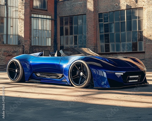 Futuristic electric blue and black gullwing convertible parked before vintage industrial structure photo