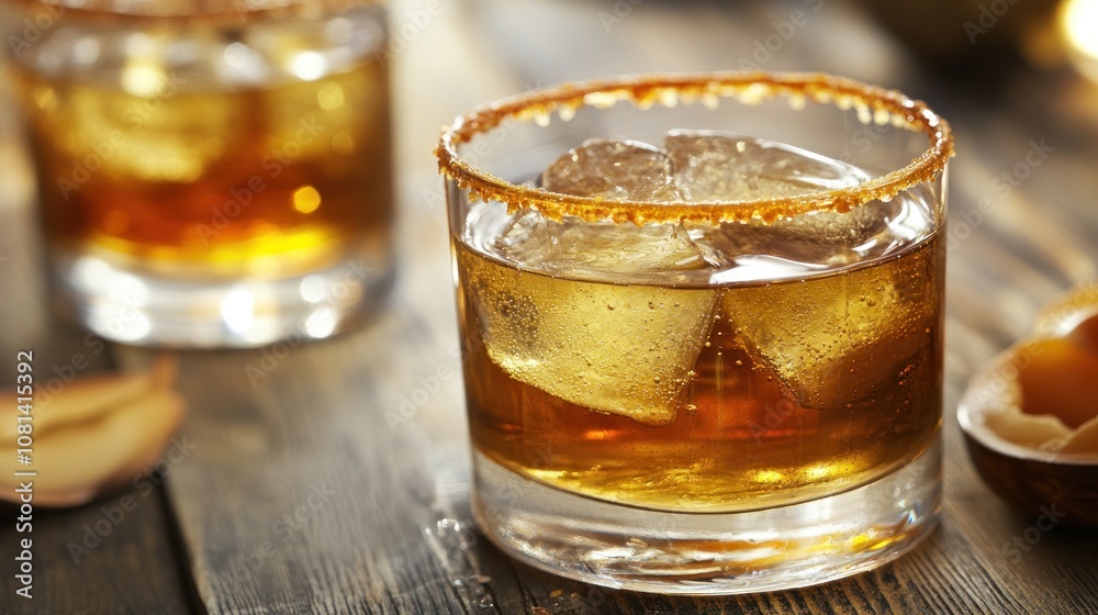 Caramel whiskey cocktail in an old-fashioned glass with caramel rim, upscale lounge setting Caramel whiskey cocktail in an old-fashioned glass with caramel rim, upscale lounge setting