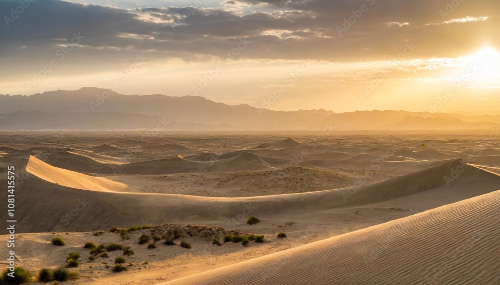 Golden Rays of Sunset Illuminating a Vast Desert With Towering Sand Dunes and a Distant Mountain Range, Captured for a Breathtaking Natural Landscape Scene Golden Rays of Sunset Illuminating a Vast Desert With Towering Sand Dunes and a Distant Mountain Range, Captured for a Breathtaking Natural Landscape Scene