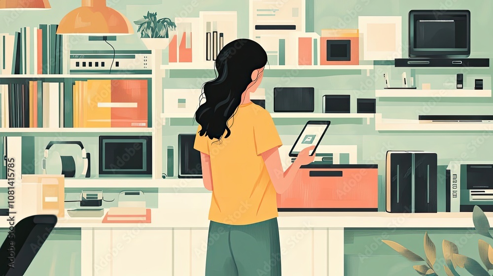 Woman Using Tablet in a Room with Bookshelves and Electronics Woman Using Tablet in a Room with Bookshelves and Electronics
