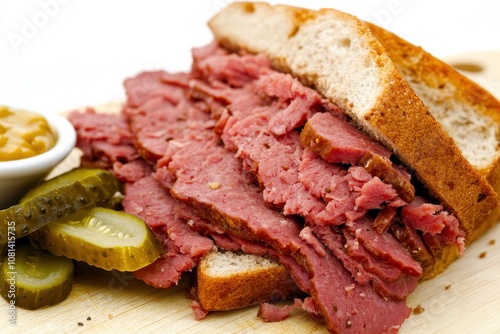 Freshly Sliced Pastrami on Rye Bread with Pickles and Mustard, Perfect for Deli Lovers and Classic Sandwich Enthusiasts Enjoying a Tasty Meal