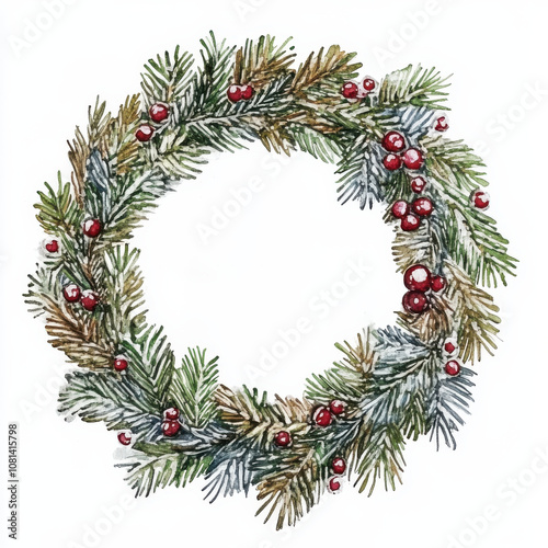 beautiful hand drawn Christmas wreath adorned with pine branches and red berries, perfect for holiday decorations and festive cheer