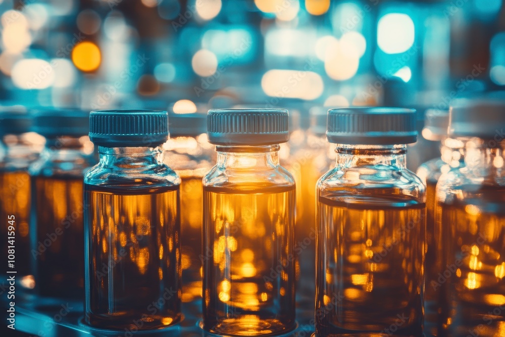 Glass Bottles with Liquid in Laboratory Setting Glass Bottles with Liquid in Laboratory Setting