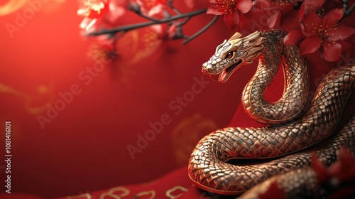 A decorative snake entwined among cherry blossoms on a red background, symbolizing prosperity.