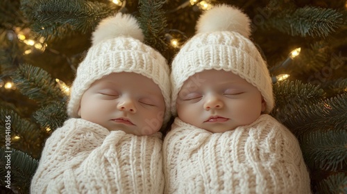 Two sleeping infants wrapped in cozy knit blankets, adorned with festive decorations.