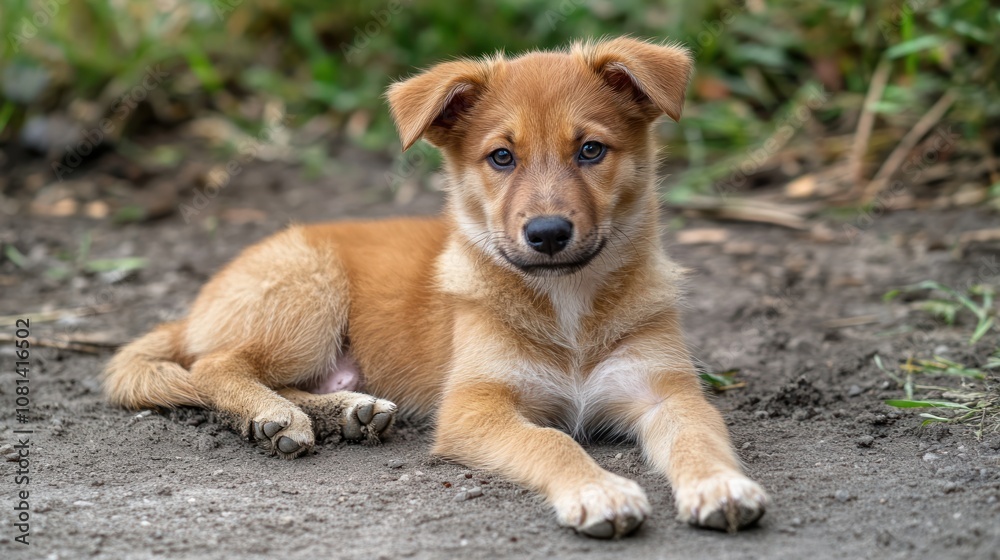 A cute puppy lying on the ground, showcasing its playful demeanor and soft fur. A cute puppy lying on the ground, showcasing its playful demeanor and soft fur.