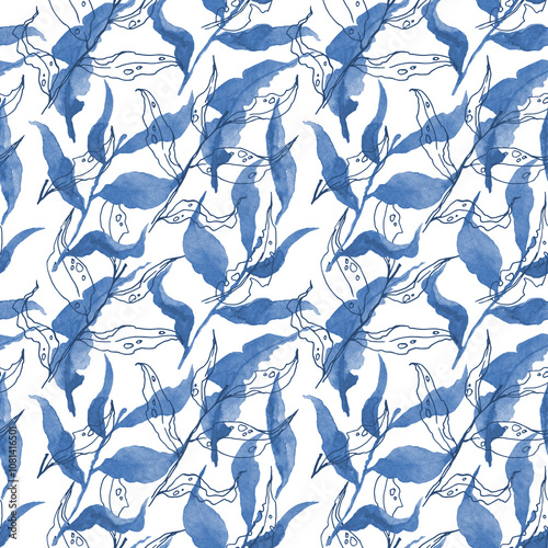 Light Blue floral watercolor seamless pattern for printing. Intertwining leaves and branches hand drawn. Nature botanical background design for fabric, textile, fabric, print