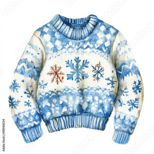 Cozy winter sweater with blue and white snowflake patterns, perfect for festive occasions and cold weather
