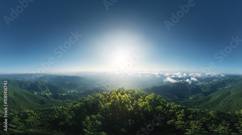 A breathtaking panoramic view of Pandora, with the sun shining brightly over a stunning landscape. From a high vantage point, the scenery unfolds below, revealing lush greenery, vibrant colors, 