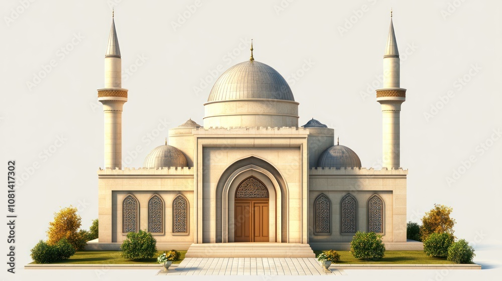 Fototapeta premium A grand mosque featuring domes and minarets, symbolizing Islamic architecture.