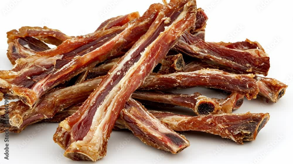A pile of dried beef ribs sit on a white surface