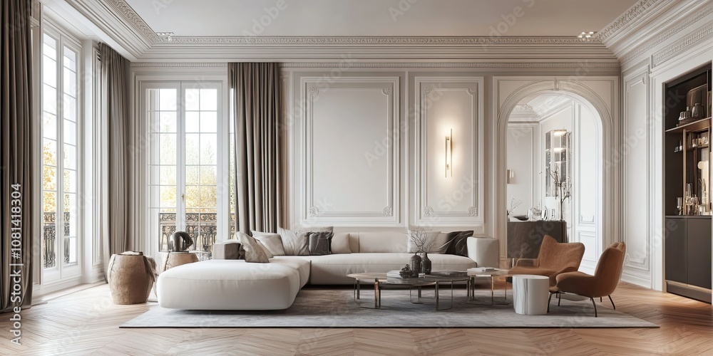 contemporary design of living room with elegant white molding frames and parquet background contemporary design of living room with elegant white molding frames and parquet background