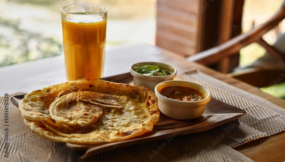 A Vibrant Spread of Fresh Roti Canai with Curry, Paired with Freshly Squeezed Juice and Garnishes, Captured in Soft Natural Light on a Minimalist Table Setting A Vibrant Spread of Fresh Roti Canai with Curry, Paired with Freshly Squeezed Juice and Garnishes, Captured in Soft Natural Light on a Minimalist Table Setting