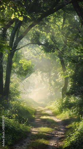 Misty Morning in an Enchanted Forest: Sunlight Breaking Through the Trees