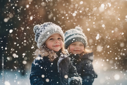 Joyful children happily playing in a picturesque winter wonderland filled with fresh snow