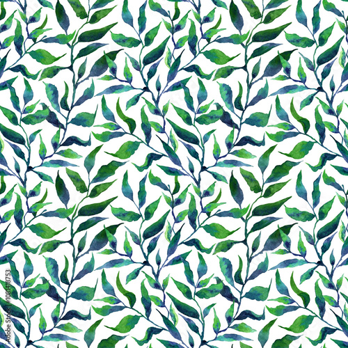 Blue and green floral watercolor seamless pattern for printing. Intertwining leaves and branches hand drawn. Nature botanical background design for fabric, textile, fabric, prints
