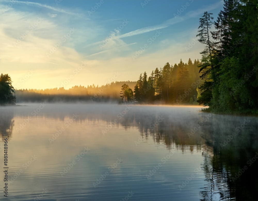 Misty Morning on a Tranquil Lake With Rolling Fog Hovering Over the Water and a Distant Forest Just Visible Through the Hazy Light of Dawn Misty Morning on a Tranquil Lake With Rolling Fog Hovering Over the Water and a Distant Forest Just Visible Through the Hazy Light of Dawn