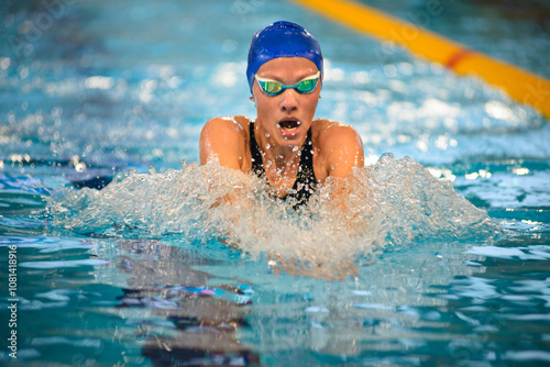 Swimmer girl swims breaststroke swimming style in the pool