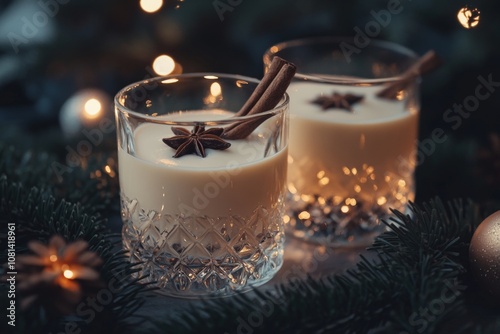 Festive eggnog delight  two glasses adorned with cinnamon and star anise amidst evergreen twigs photo