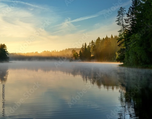 Misty Morning on a Tranquil Lake With Rolling Fog Hovering Over the Water and a Distant Forest Just Visible Through the Hazy Light of Dawn