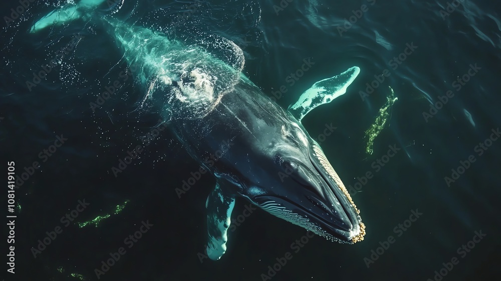 Fototapeta premium A humpback whale swims through a deep blue ocean.