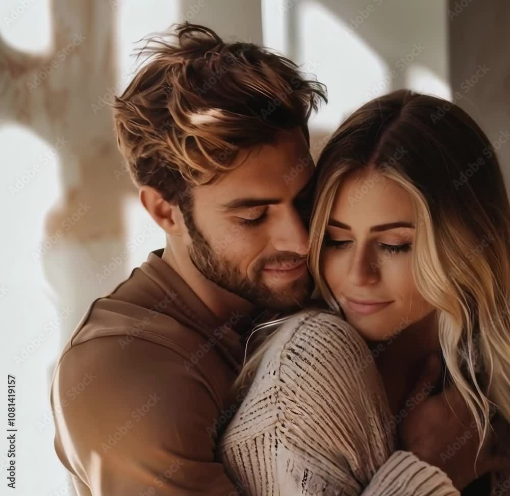 Cheerful romantic couple of lovers cuddling